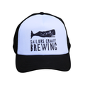Black and white trucker cap with 'Sailors Grave Brewing' logo on a white background