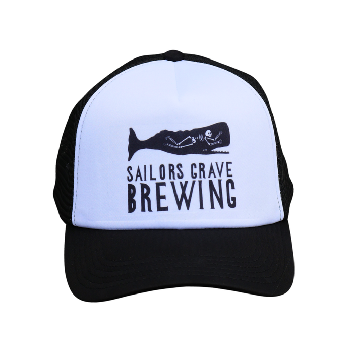 Black and white trucker cap with 'Sailors Grave Brewing' logo on a white background