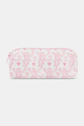 The Lovely Monkey Makeup Bag by Roller Rabbit is a rectangular white cotton canvas pouch with a pink zipper, featuring a repeating pattern of pink cartoon monkeys and small pink hearts.