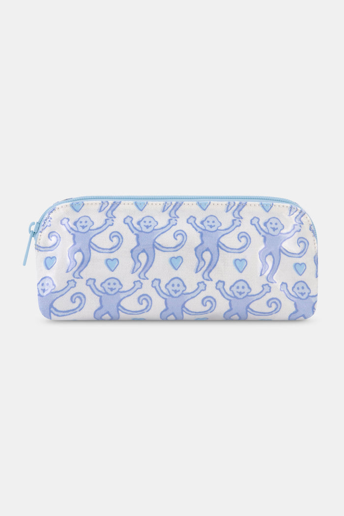 The Lovely Monkey Makeup Bag by Roller Rabbit is a white cotton canvas bag with a zippered top, decorated with light blue smiling cartoon monkeys and hearts—ideal as a cute travel or makeup bag.