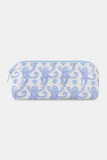 The Lovely Monkey Makeup Bag by Roller Rabbit is a white cotton canvas bag with a zippered top, decorated with light blue smiling cartoon monkeys and hearts—ideal as a cute travel or makeup bag.