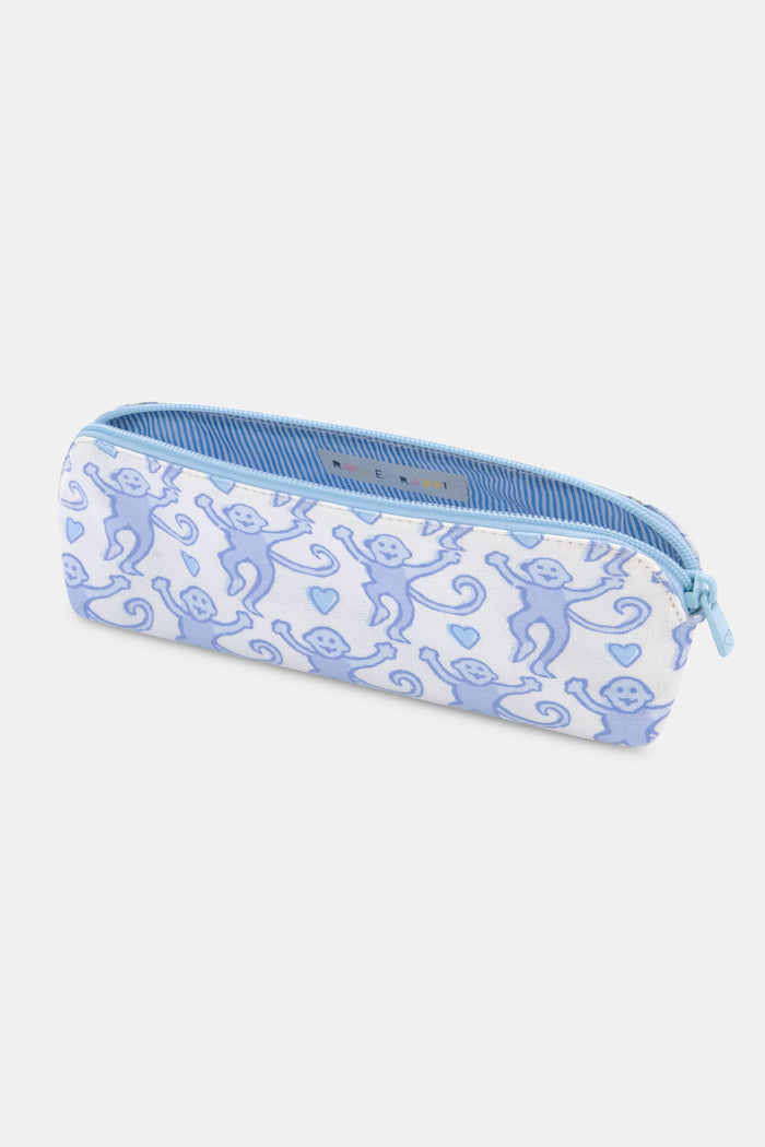 The Lovely Monkey Makeup Bag by Roller Rabbit is a white cotton canvas bag with a zippered top, decorated with light blue smiling cartoon monkeys and hearts—ideal as a cute travel or makeup bag.