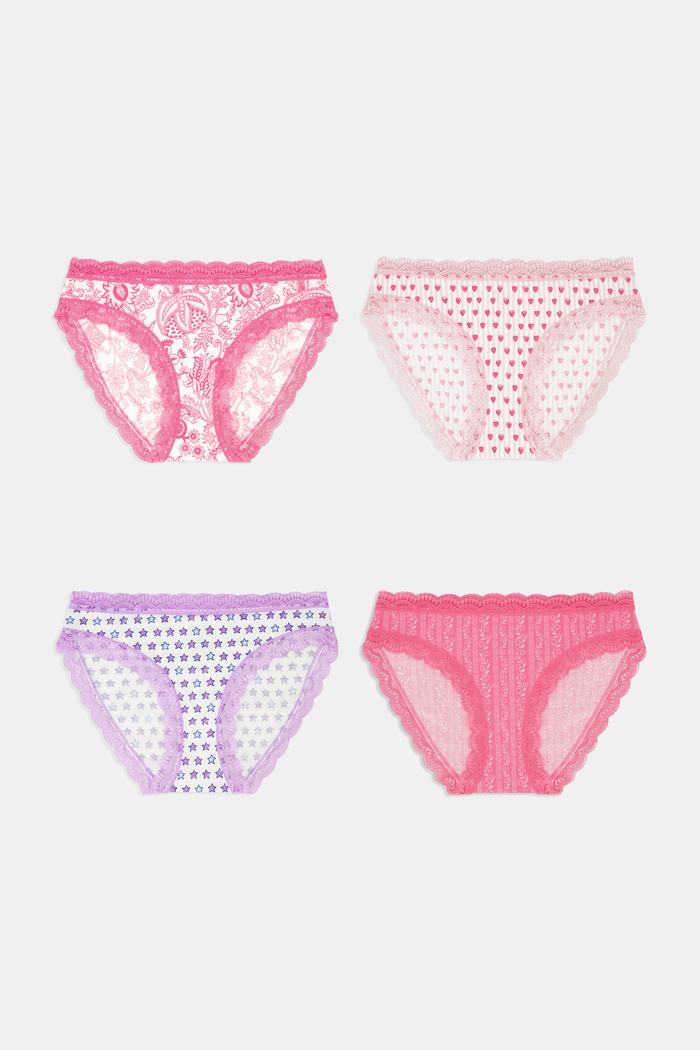 The Roller Rabbit Lovely Stripe Mixed Bikini 4 Pack includes four pairs of women’s underwear with lace trim, featuring pink floral, white with pink hearts, lavender star, and pink red print designs—all crafted from soft cotton modal for comfort.