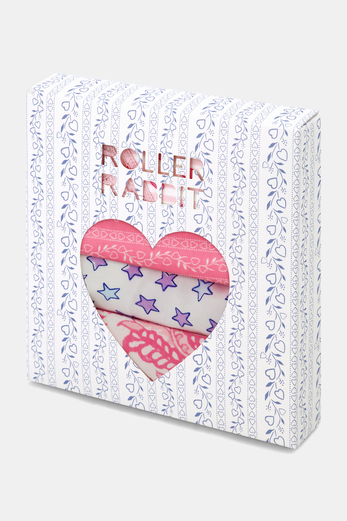 The Roller Rabbit Lovely Stripe Mixed Bikini 4 Pack includes four pairs of women’s underwear with lace trim, featuring pink floral, white with pink hearts, lavender star, and pink red print designs—all crafted from soft cotton modal for comfort.