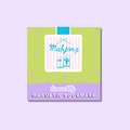 A square decorative magnetic bookmark card shown on a light lavender background. The card has a lime green top section with small star accents, a white central panel with pink vertical stripes, a blue ribbon graphic, the word 'Mahjong' in blue script, and a lavender bottom band with the text 'limes & lilly' and 'MAGNETIC BOOKMARK' in white and black.