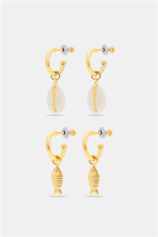 Roller Rabbit’s Marina Earrings Set includes two gold hoop pairs: one with white cowrie shell charms, the other with gold fish-shaped charms. Part of our oceanic jewelry collection, both come with clear earring backs.
