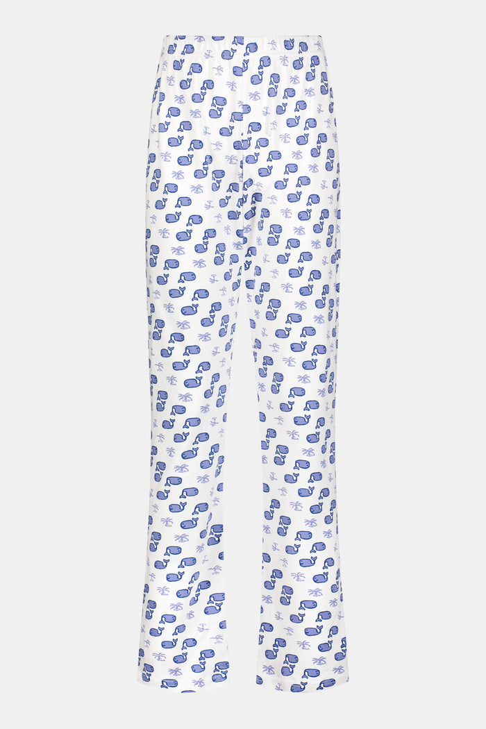 A person stands barefoot against a plain background, one hand in their pocket, wearing Roller Rabbit's Mens Moby Simon Pant—crafted from soft Pima cotton and featuring a blue paisley pattern.