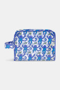 The Roller Rabbit Monkey Beach Pouch is a clear PVC bag with blue trim, decorated with cheerful blue cartoon monkeys—some holding bananas. Water-resistant and practical, it features a left-side handle for easy carrying.