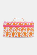 The Roller Rabbit Monkey Carry All Case is a rectangular zippered bag with a handle, featuring smiling orange monkeys on white and pink accents—perfect for travel.
