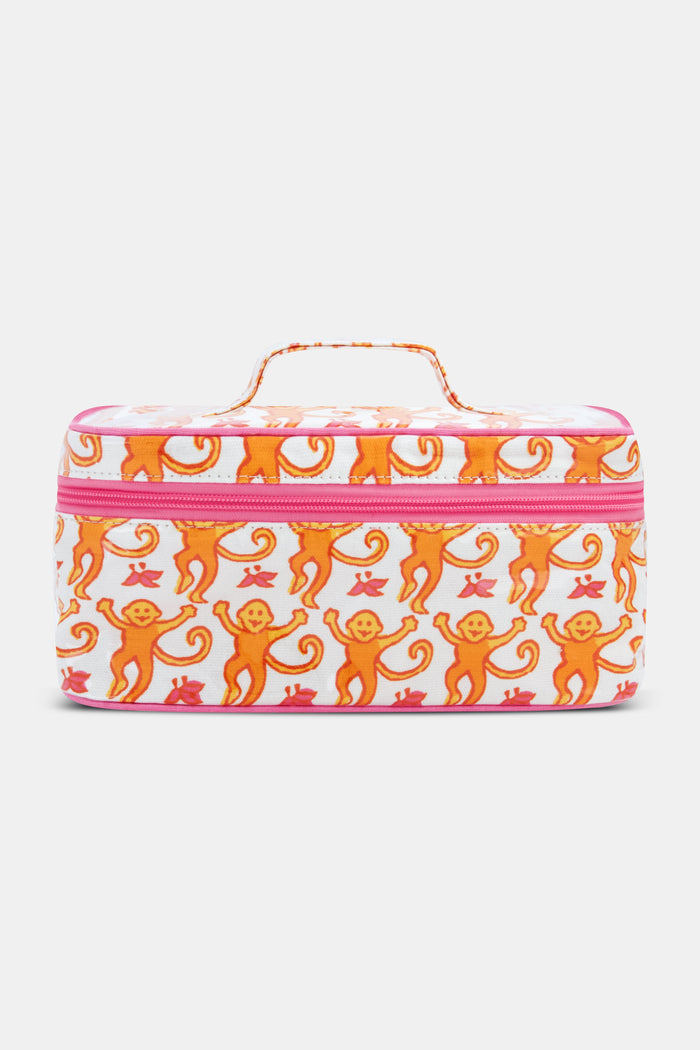 The Roller Rabbit Monkey Carry All Case is a rectangular zippered bag with a handle, featuring smiling orange monkeys on white and pink accents—perfect for travel.