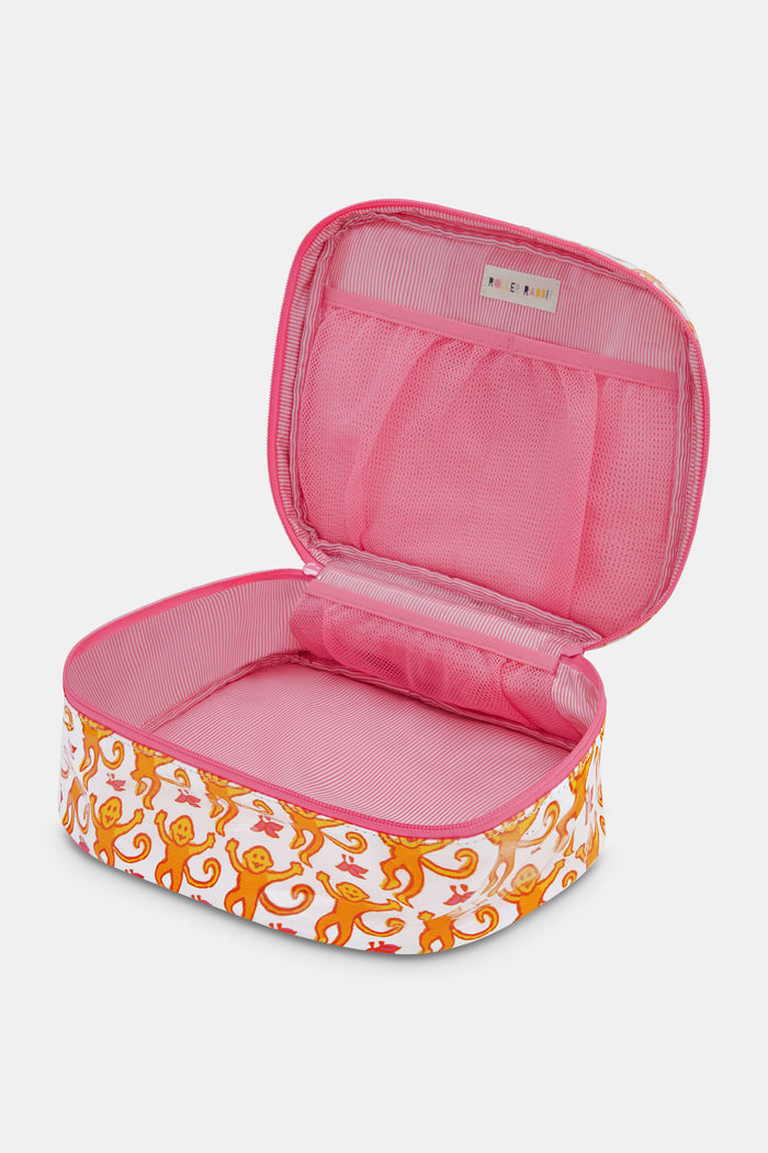 The Roller Rabbit Monkey Carry All Case is a rectangular zippered bag with a handle, featuring smiling orange monkeys on white and pink accents—perfect for travel.