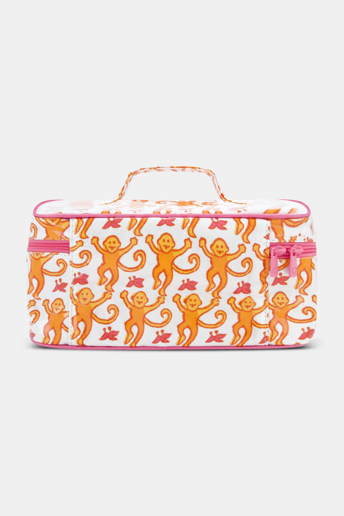The Roller Rabbit Monkey Carry All Case is a rectangular zippered bag with a handle, featuring smiling orange monkeys on white and pink accents—perfect for travel.