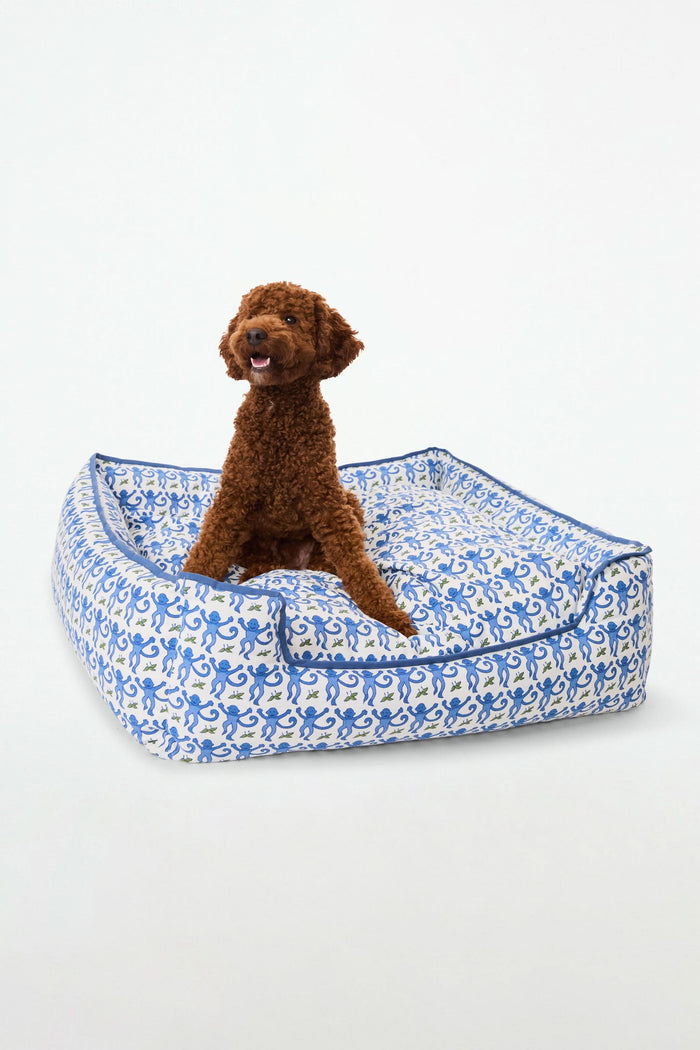 The Roller Rabbit Monkey Dog Bed is a rectangular plush bed with raised sides, a lowered front entrance, and a blue and white abstract pattern. It features machine-washable materials for easy cleaning.