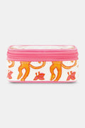 The Roller Rabbit Monkey Jewelry Case is a small rectangular travel pouch with a pink zipper and features orange and yellow abstract shapes on a white, water-resistant background.
