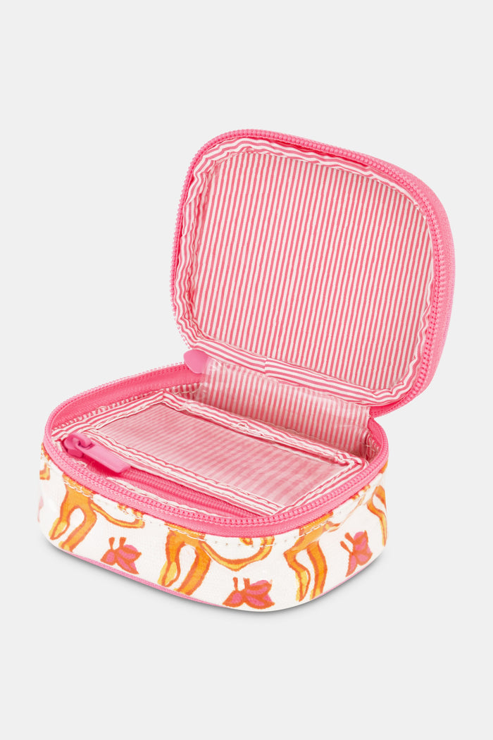 The Roller Rabbit Monkey Jewelry Case is a small rectangular travel pouch with a pink zipper and features orange and yellow abstract shapes on a white, water-resistant background.