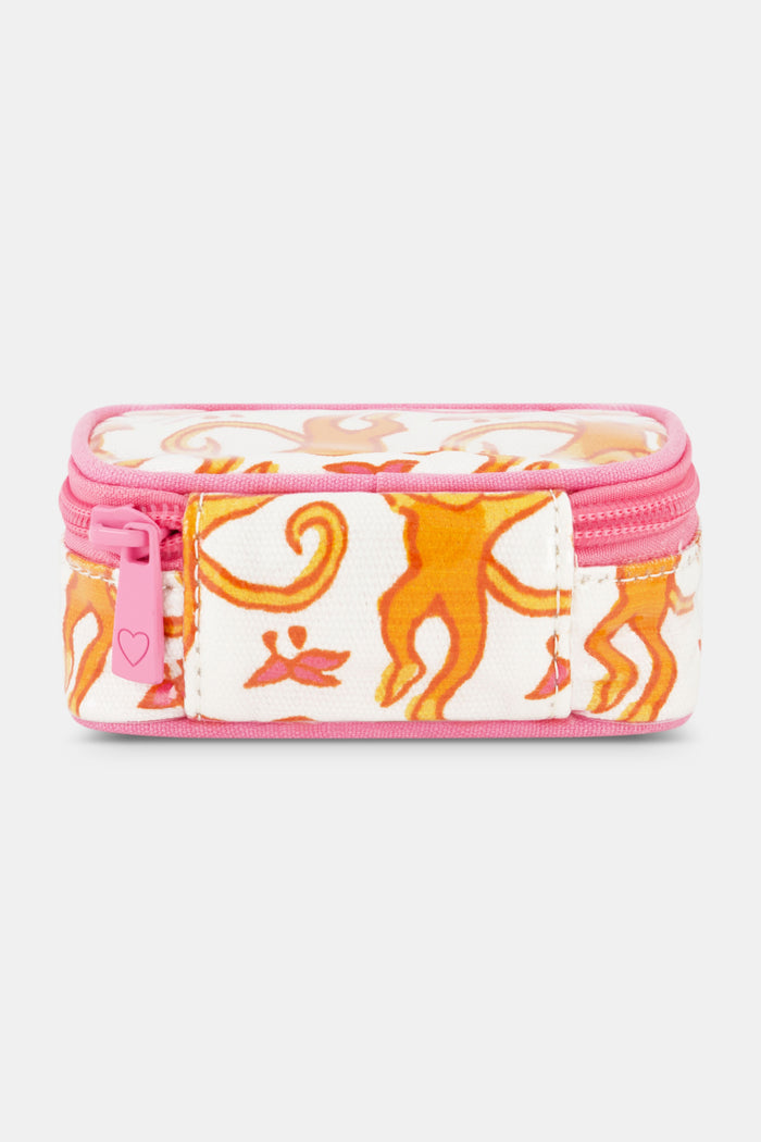 The Roller Rabbit Monkey Jewelry Case is a small rectangular travel pouch with a pink zipper and features orange and yellow abstract shapes on a white, water-resistant background.