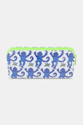 The Roller Rabbit Monkey Makeup Bag is a rectangular cotton canvas pouch featuring blue monkeys holding hands on a white background, finished with a neon green zipper.