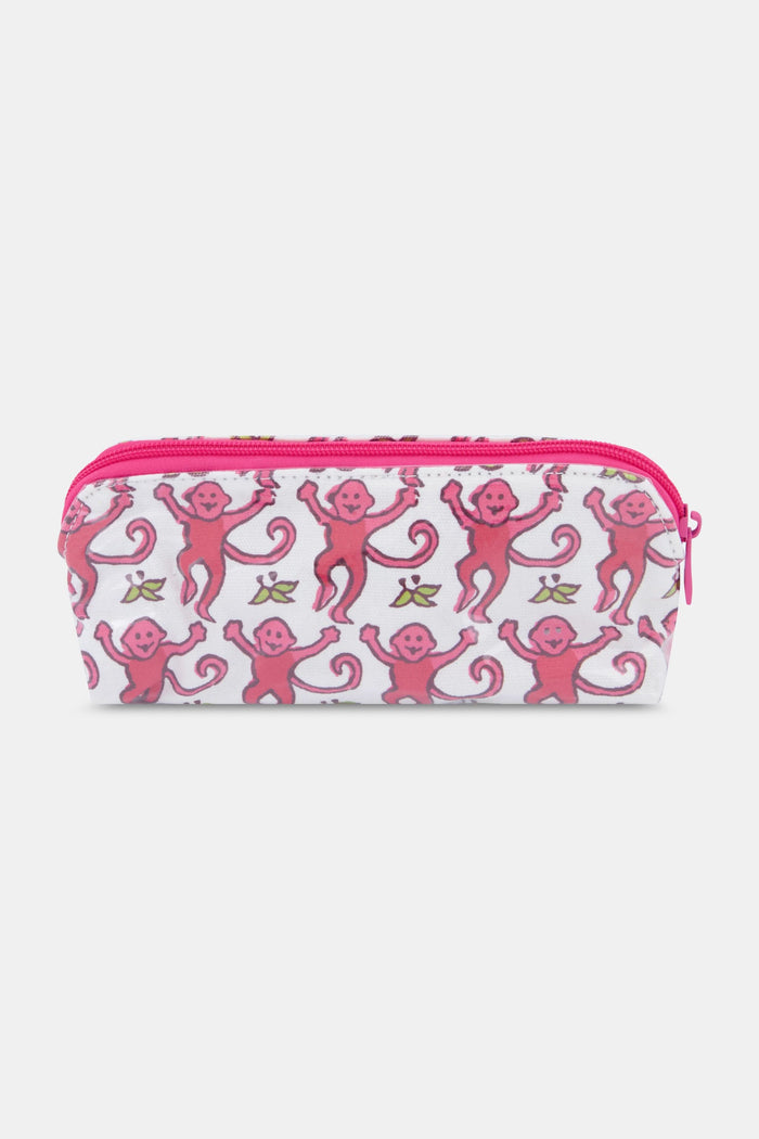 The Monkey Makeup Bag by Roller Rabbit is a white cotton canvas cosmetic pouch with a pink zipper, decorated with smiling pink monkeys and yellow bananas—perfect for travel.