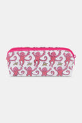The Monkey Makeup Bag by Roller Rabbit is a white cotton canvas cosmetic pouch with a pink zipper, decorated with smiling pink monkeys and yellow bananas—perfect for travel.