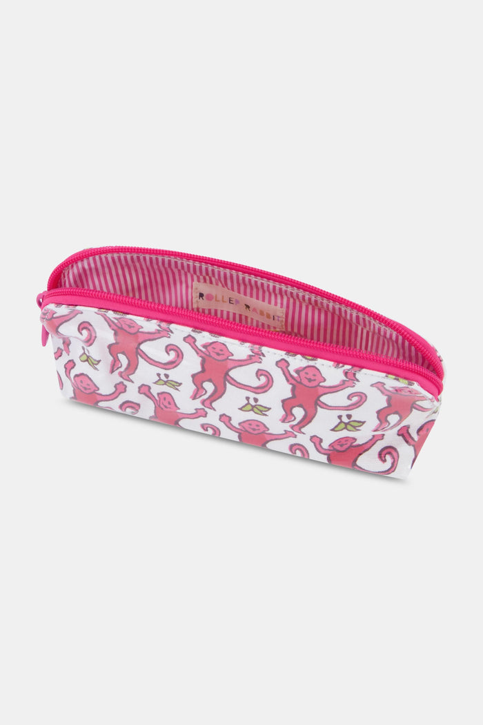The Monkey Makeup Bag by Roller Rabbit is a white cotton canvas cosmetic pouch with a pink zipper, decorated with smiling pink monkeys and yellow bananas—perfect for travel.