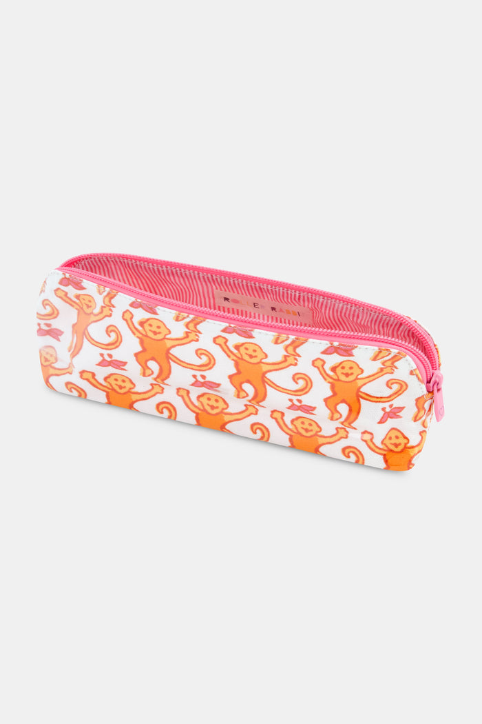 The Roller Rabbit Monkey Makeup Bag features a white cotton canvas with a pink zipper, adorned with orange monkeys and red leaves. Perfect for travel or daily makeup essentials.