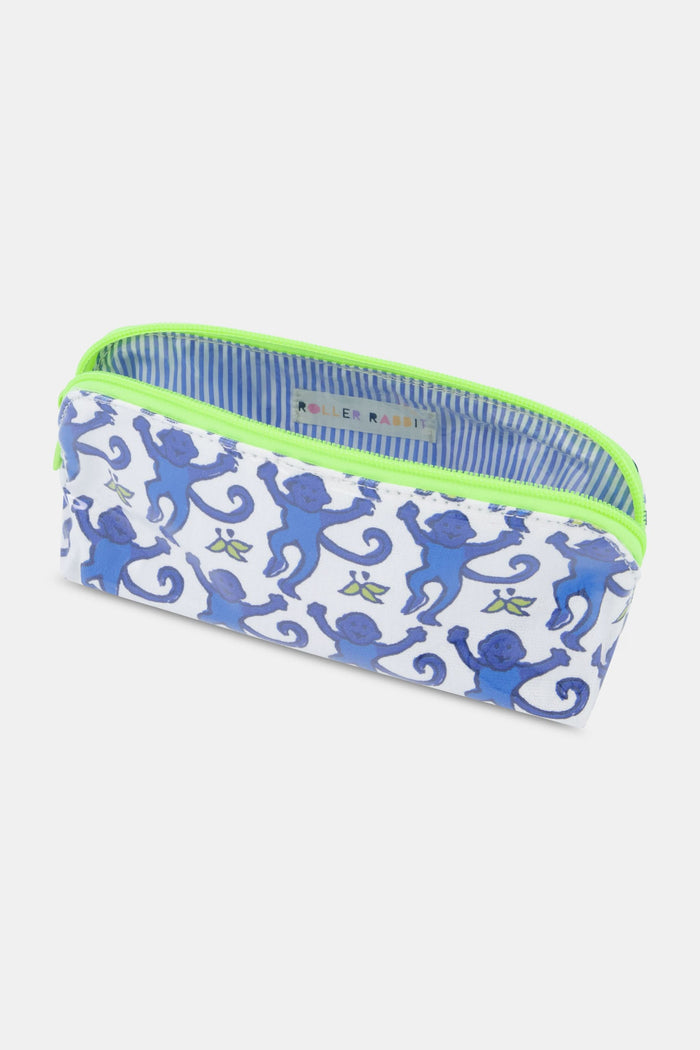 The Roller Rabbit Monkey Makeup Bag is a rectangular cotton canvas pouch featuring blue monkeys holding hands on a white background, finished with a neon green zipper.