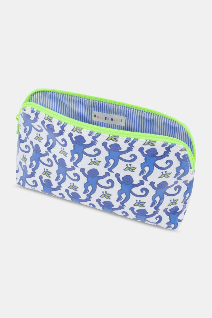 The Roller Rabbit Monkey Makeup Bag is a rectangular cotton canvas pouch featuring blue monkeys holding hands on a white background, finished with a neon green zipper.