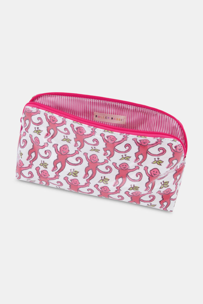 The Monkey Makeup Bag by Roller Rabbit is a white cotton canvas cosmetic pouch with a pink zipper, decorated with smiling pink monkeys and yellow bananas—perfect for travel.