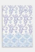 The Monkey Notebook by Roller Rabbit features playful purple monkeys and blue hearts on white, a blue lace-like border with stylized trees, and a monogram "RR" in the upper right corner—a perfect soft cover notebook.