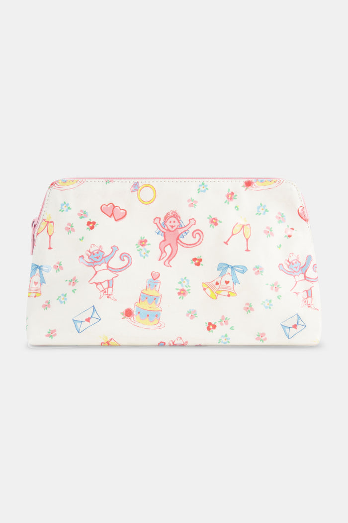 The Monkey Said Yes Makeup Bag by Roller Rabbit features a white background with colorful monkeys, cakes, letters, flowers, hearts, and drinks—pink, yellow, and blue accents make this cheerful bag perfect as a compact case or travel organizer.