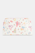 The Monkey Said Yes Makeup Bag by Roller Rabbit features a white background with colorful monkeys, cakes, letters, flowers, hearts, and drinks—pink, yellow, and blue accents make this cheerful bag perfect as a compact case or travel organizer.