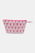 The Roller Rabbit Monkey Toiletry Case is a white, water-resistant zippered pouch with a handle, featuring a repeating print of crowned pink monkeys—perfect for organizing your travel essentials.