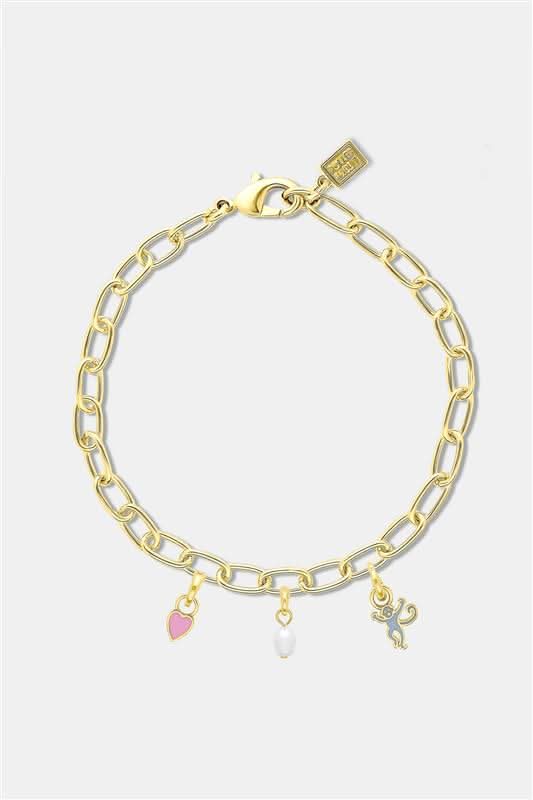 The Roller Rabbit Paperclip Bracelet Chain is an elegant imitation gold bracelet with oval links, a lobster clasp, and a small rectangular tag, shown on a plain white background.