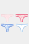 The Roller Rabbit Pastel Core Thong 4 Pack includes four soft thong underwear in light pink, pink with red trim, floral light blue, and white with blue trim and a heart detail for all-day comfort.