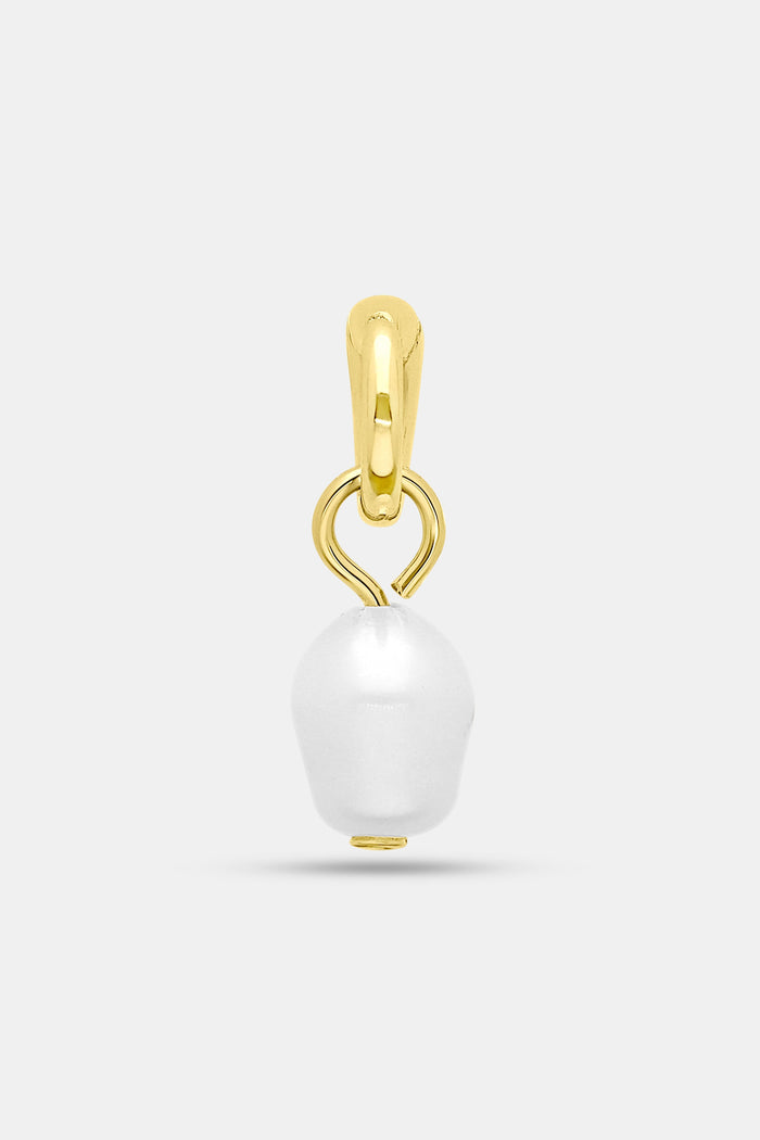The Roller Rabbit Pearl Charm features an imitation gold pendant with a loop and a single freshwater pearl, shown on a plain light gray background.