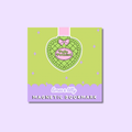 A square magnetic bookmark card with a lime green and lavender design, featuring a heart-shaped quilted ornament illustration with the text 'Polly Pothead' and 'limes & lily MAGNETIC BOOKMARK' at the bottom.