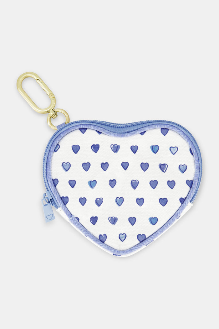 The Pop Hearts Heart Coin Pouch by Roller Rabbit features a heart shape, blue zipper, gold keychain, and small blue hearts on white cotton canvas.