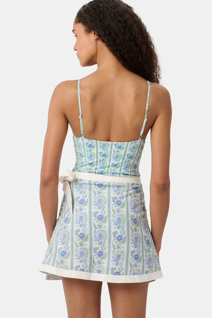 A person wears the Roller Rabbit Provencal Stripe Marisol Wrap Pareo, tying it around their waist. Only their torso and upper legs are visible.