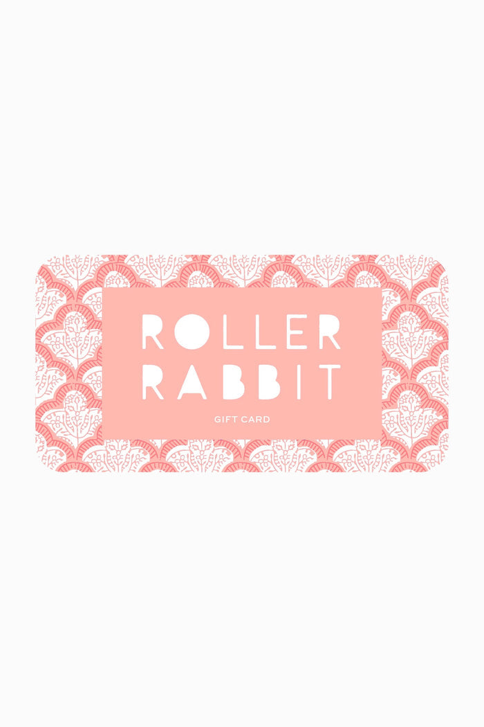 A pink and white Roller Rabbit E-Gift Card featuring a decorative fan pattern and "Roller Rabbit Gift Card" in bold white text at the center.
