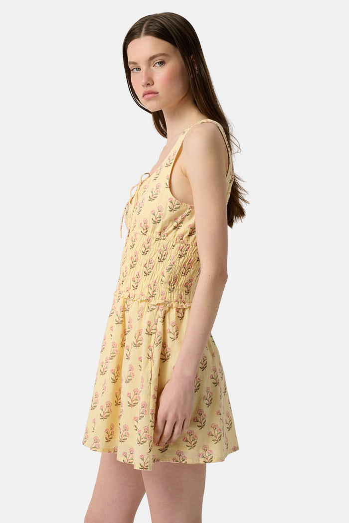 A young woman models the Roller Rabbit Rosa Ditsy Floral Penny Dress, a light yellow sundress with a floral pattern, gathered bodice, and gently flared skirt, set against a plain white background.