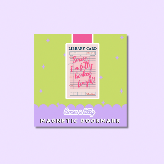 Magnetic bookmark with a library card design on a purple background