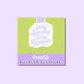 A square magnetic book cover or bookmark design shown on a light lavender background. The product has a lime green upper section with small lavender stars, a white central label reading 'Stay Spooky Stay Bookish' in lavender script, and a lavender bottom band with the text 'limes & lily' and 'MAGNETIC BOOKMARK'.