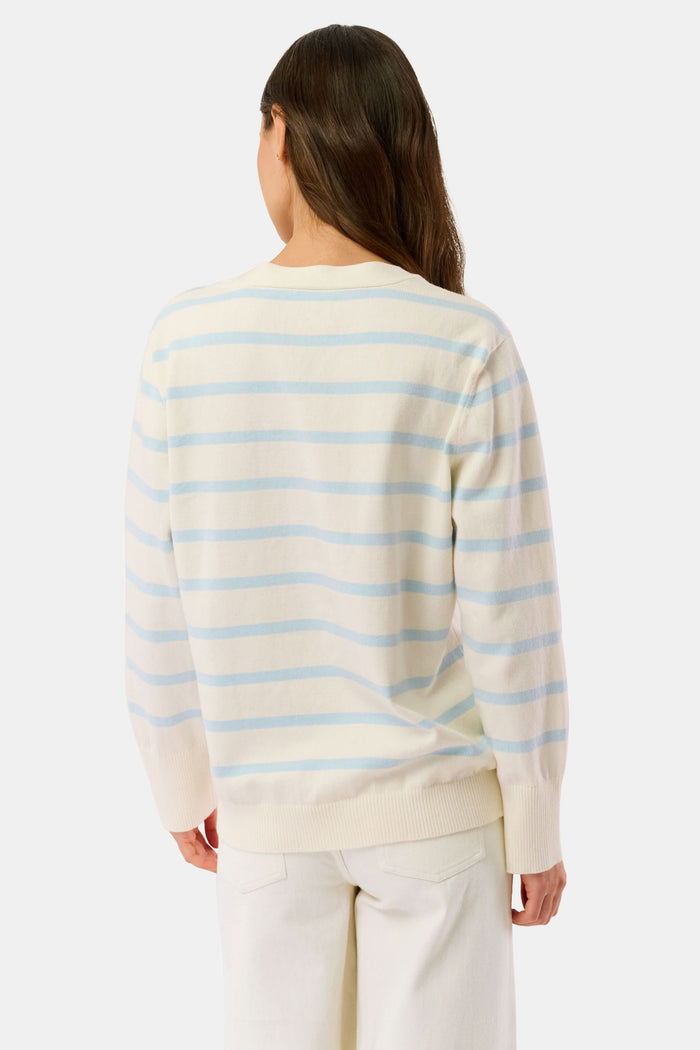 A woman in the Roller Rabbit Stripe Florence Sweater and striped bikini bottoms sits against a white wall, shielding her eyes from the sun with her hand.