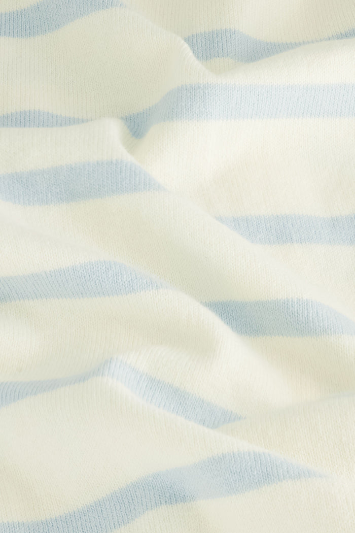 A woman in the Roller Rabbit Stripe Florence Sweater and striped bikini bottoms sits against a white wall, shielding her eyes from the sun with her hand.