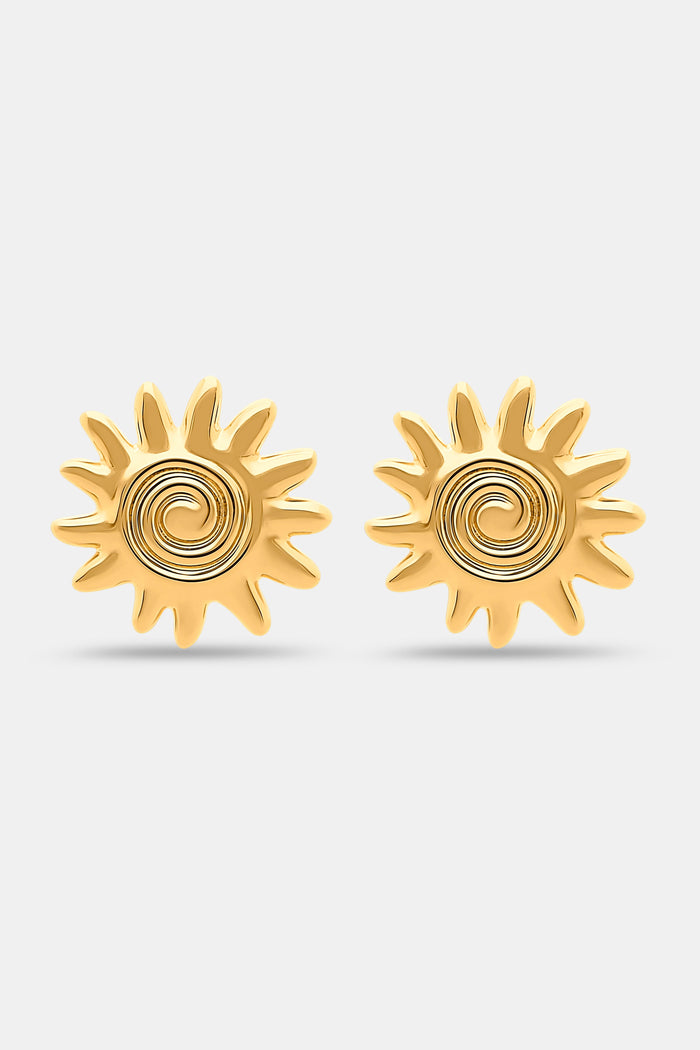 Roller Rabbit's Sunshine Stud Earrings showcase a gold sun-shaped design with a central spiral, displayed on a plain white background.