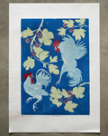 Reduction print 'The Cockfight' by Gab Moore, with two roosters, branches of fig against blue background.