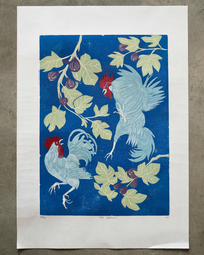 Reduction print 'The Cockfight' by Gab Moore, with two roosters, branches of fig against blue background.